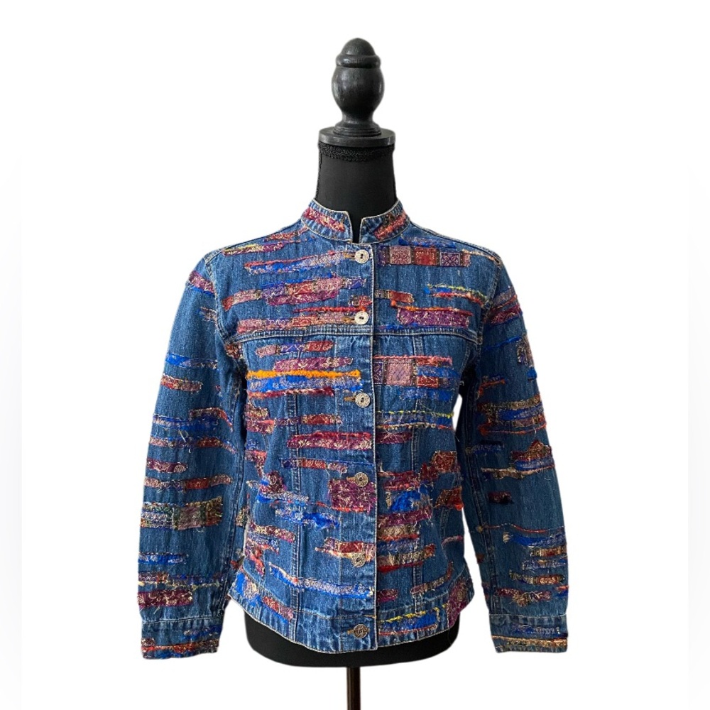 Chico’s: Denim Jean Jacket with Multi colored Embroidery